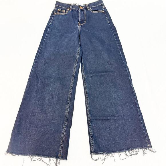 Zara Wide Leg Raw Hem Dark Wash Denim Jeans Contrast Stitch Size 2 MINT - Picture 2 of 8